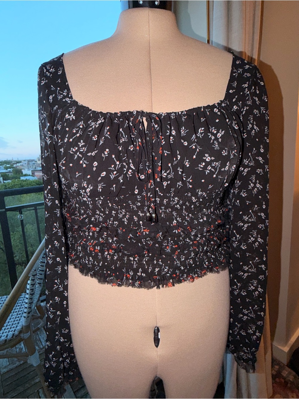 FREE PEOPLE Black Floral Smocked Long-Sleeve Crop Top - Picture 2 of 8